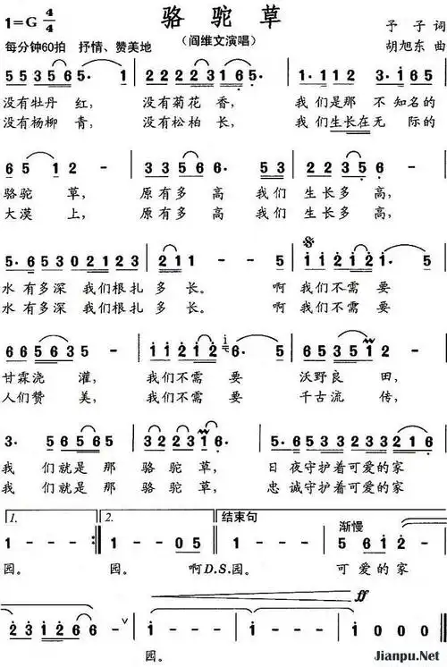 歌曲骆驼草的简谱歌谱下载