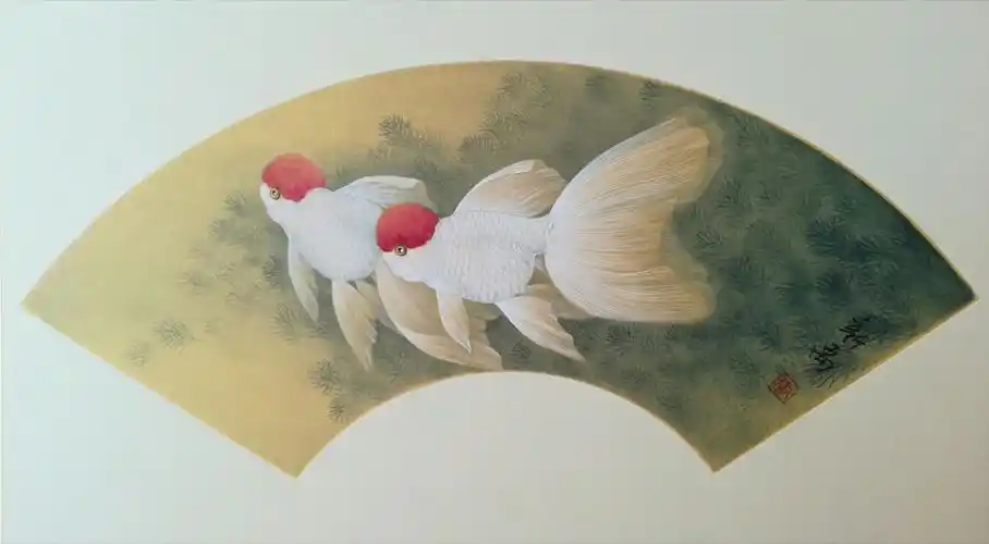 李新禹金笺金鱼扇面微展
