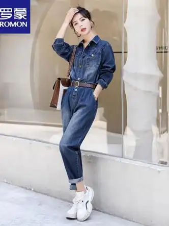 罗蒙牛仔连体裤女2023年春秋冬季新款时尚洋气减龄休闲通勤工装连衣裤