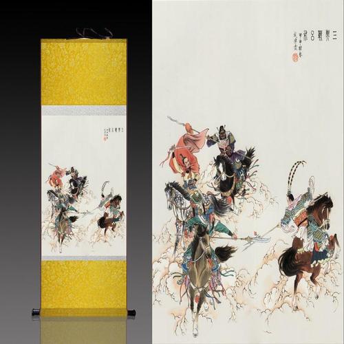 三英战吕布搞笑三国卷轴挂画打麻将棋牌室茶楼装饰画丝绸礼品壁画