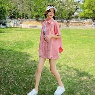 焱思泰粉色短袖衬衫女宽松外搭薄外套夏季阔腿短裤休闲套装粉色衬衫