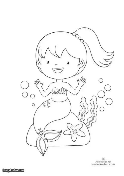 坐在礁石上的美人鱼公主涂色简笔画大全