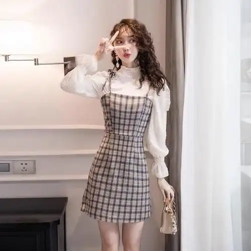 初秋裙女开学小个子时尚格子甜妹温柔韩系风格穿搭长袖连衣裙套装