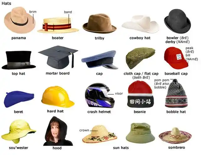 图说英语词汇帽子常见款式及其部件
