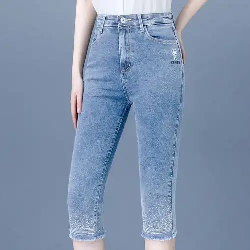 浅色夏季新款薄款7分牛仔裤女修身显瘦弹力高腰水洗直筒七分裤子