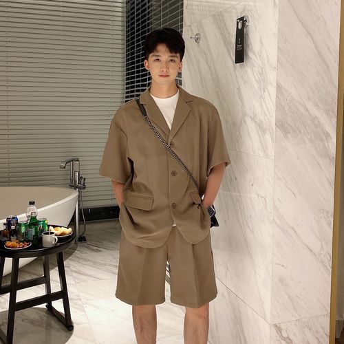 9男士dk休闲西服套装夏季港风潮流五分袖外套jk百搭宽松小西装全套已