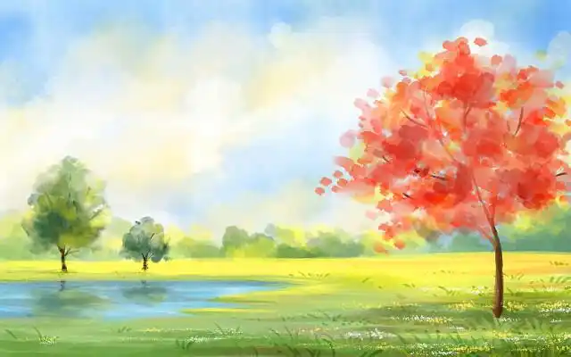 水彩风景插画手绘风景背景唯美蓝天绿地草坪湖泊草地树木大树