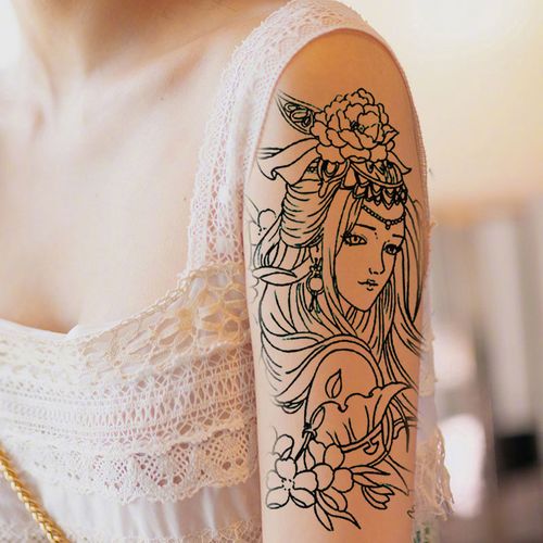 线条艺妓刺青色落泪艺妓花臂纹身贴滴泪艺伎纹身贴纸防水男女持久