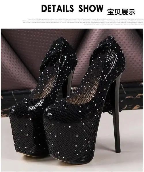 丝袜控高跟鞋伪娘高细跟19cm情趣特大码女鞋50码水钻另类靴黑色34定制