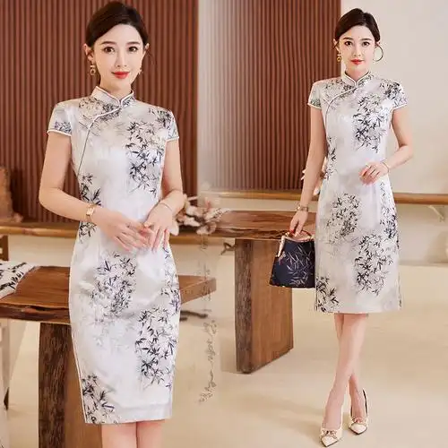 真丝弹力缎中长品质旗袍-阿里巴巴