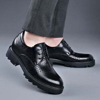 皮鞋男夏季镂空透气增高凉鞋真皮商务正装洞洞凉皮鞋男士内增高鞋