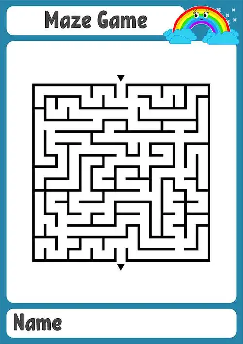 抽象的方形迷宫.孩子工作表.儿童益智游戏.彩色背景上有趣的彩虹.