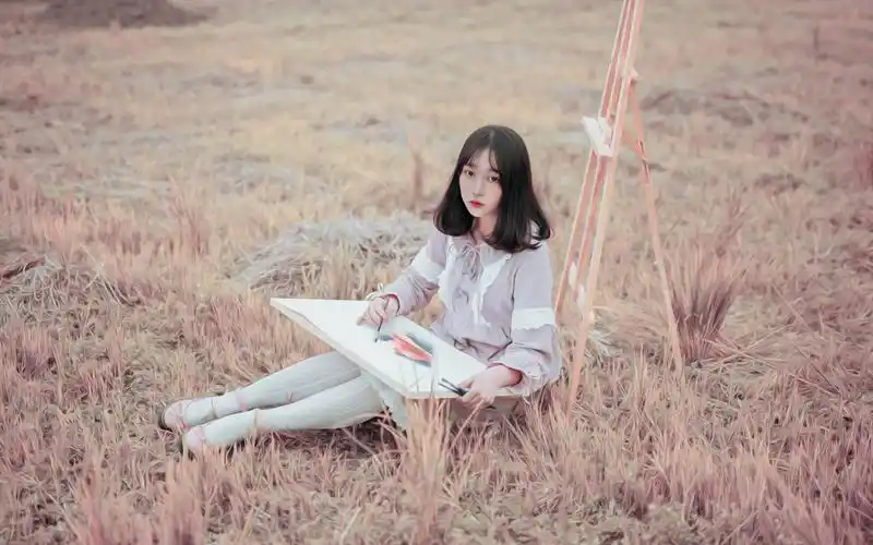 甜美小清新文艺美女户外绘画写真高清壁纸