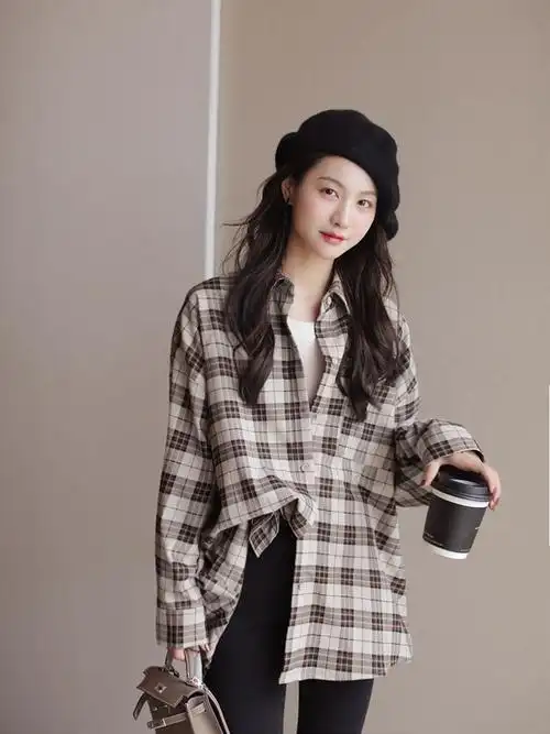 复古格子衬衫女长袖春季内搭宽松外套韩版打底中长款港风叠穿衬衣