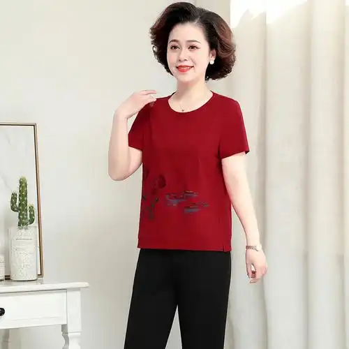 均妮夏季妈妈装新款短袖长裤休闲运动套装女50岁中年夏装纯棉t恤宽松