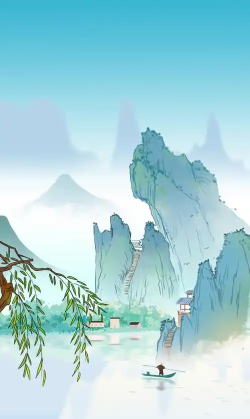 中国风新中式古风中国画青绿山水画古典世外桃花源写意插画