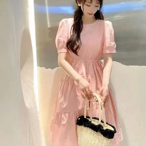 裙女中长款修身粉色收腰连衣裙显瘦气质衬衫歌芝2021春夏新款