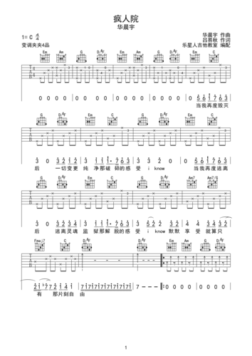 疯人院-华晨宇 原版吉他谱b调六线吉他谱-虫虫吉他谱免费下载