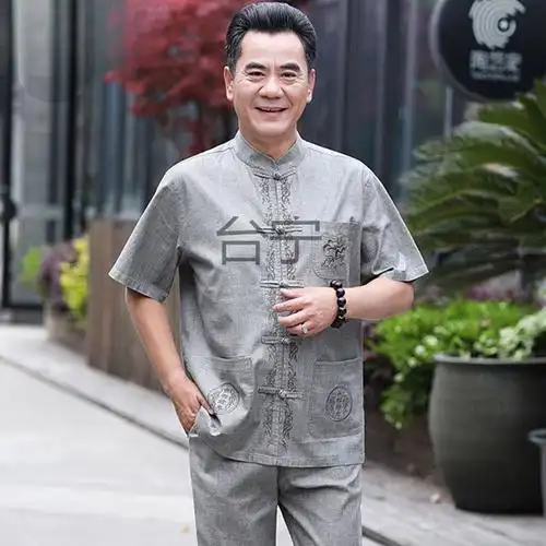 tn中老年人唐装男套装中国风亚麻爸爸夏季短袖棉麻汉服爷爷休闲衣