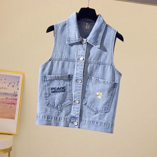 女春秋薄款牛仔短款上衣牛仔马甲女秋季新款显瘦短款刺绣洋气 蓝色