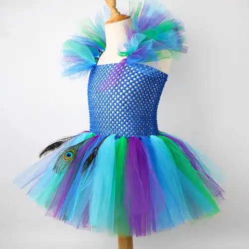 欧美新款孔雀公主裙含羽毛发带 女童裙子 外贸儿童网纱蓬蓬裙礼服
