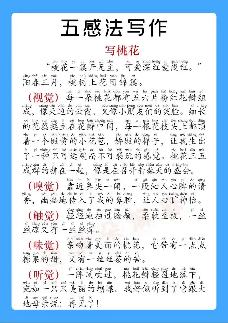 五感法写作:描写桃花.#语文知识分享 #小学语文 #小学作文