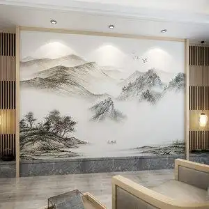 新中式电视背景墙工笔客厅墙纸花鸟手绘大气装饰壁画水墨山水墙布