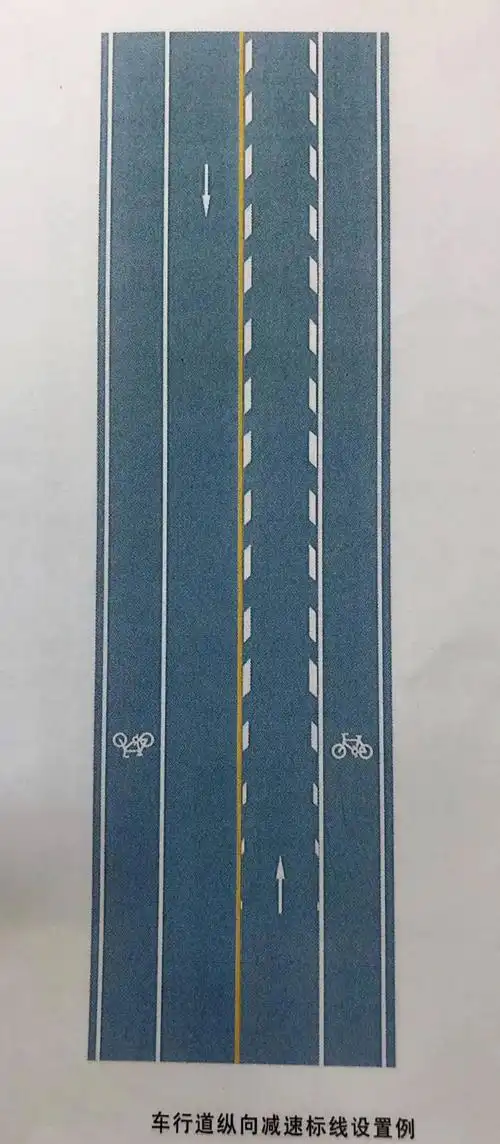 车行道纵向减速标线为一组  平行于车行道分界线的菱形块虚线.
