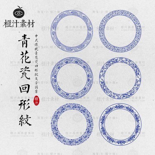 中国风传统古典青花瓷回形纹圆形图案纹样边框ai矢量设计素材png