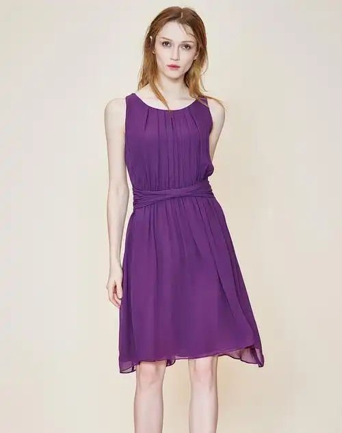 中长款紫色修身无袖真丝连衣裙
