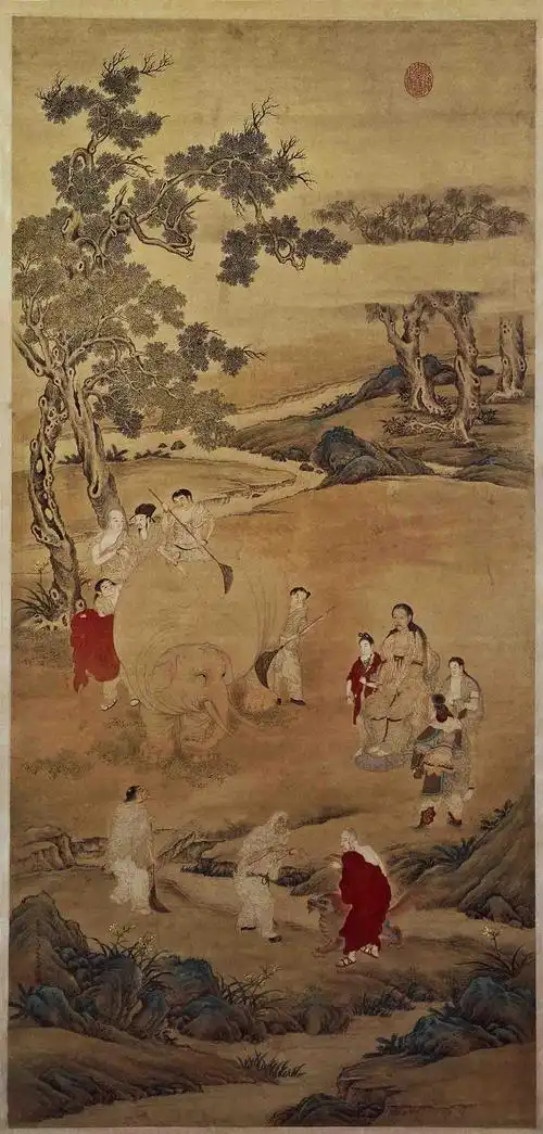 [国画高清大图]清 丁观鹏 乾隆皇帝洗象图轴132.3x62.