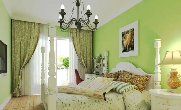 91-120平米三居室绿色田园风格卧室背景墙效果图