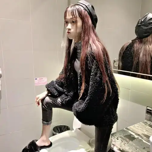 社会女衣服精神女快手网红同款黑色毛毛开衫女生短款外套上衣潮流