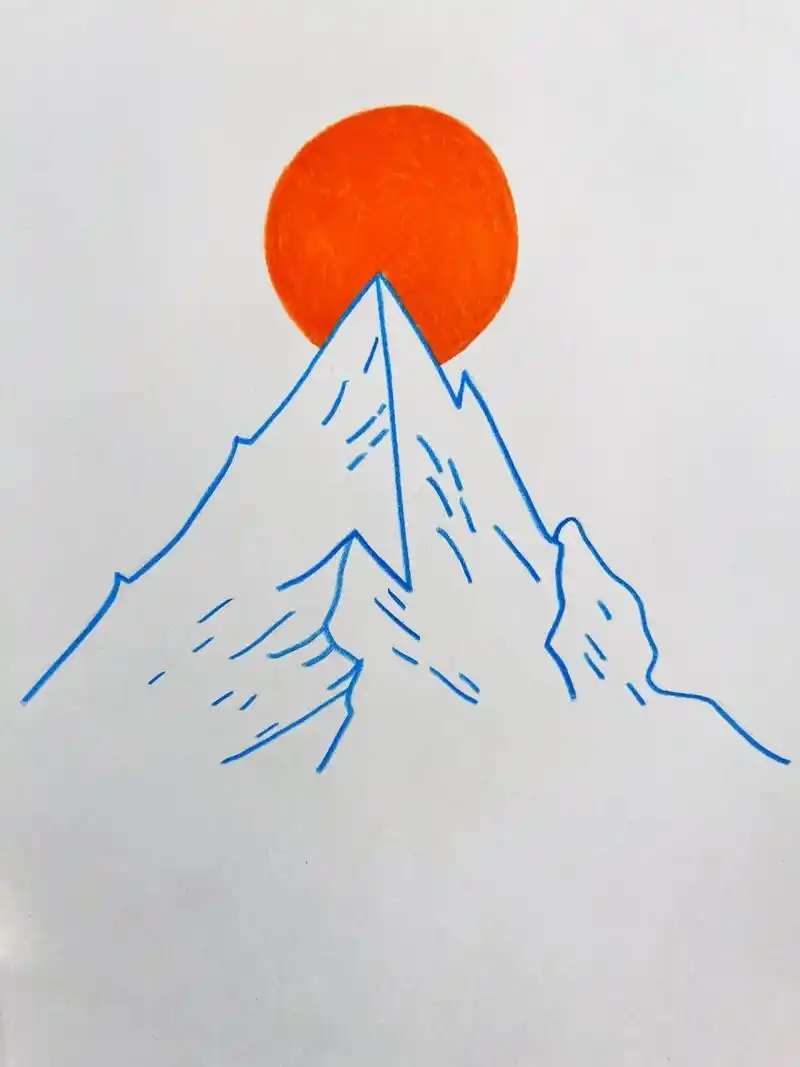 巨简单落日雪山9015简笔画,一看就会