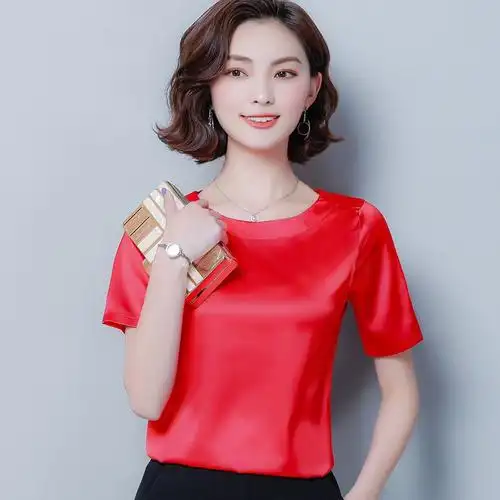 夏季短袖宽松纯色桑蚕丝上衣洋气真丝小衫女半袖圆领简约t恤红色