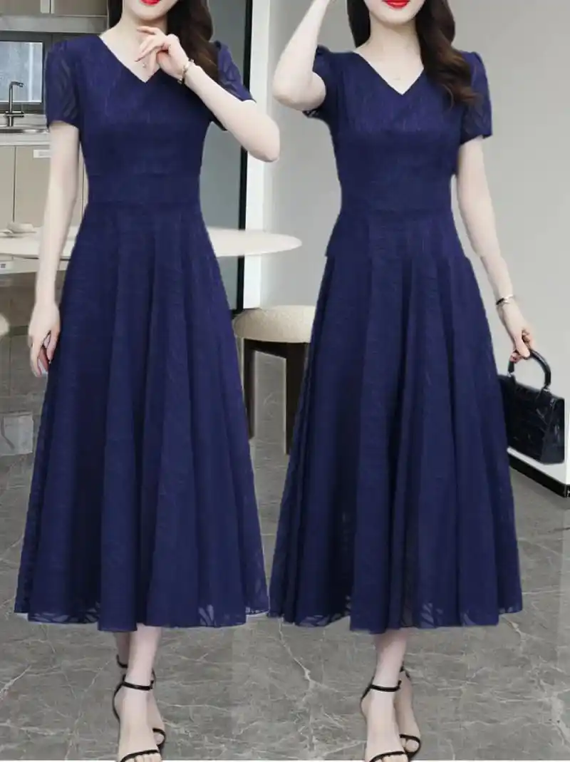 高端女装提花雪纺连衣裙女夏长款收腰显瘦