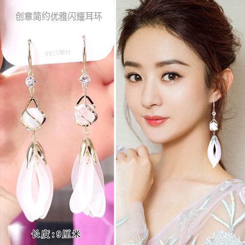 2021新款时尚猫眼石郁金香耳环女网红长款白花瓣流苏显瘦耳坠耳饰