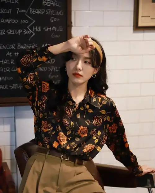 昂榆夏季碎花衬衫女长袖玫瑰花碎花复古港风上衣长袖设计感小众2022