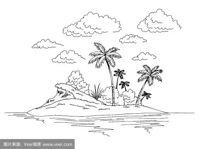 岛屿图形黑白景观素描插图矢量