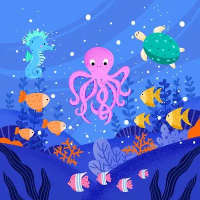 蓝色卡通手绘海洋世界海底鱼章鱼海马珊瑚水草原创插画海报