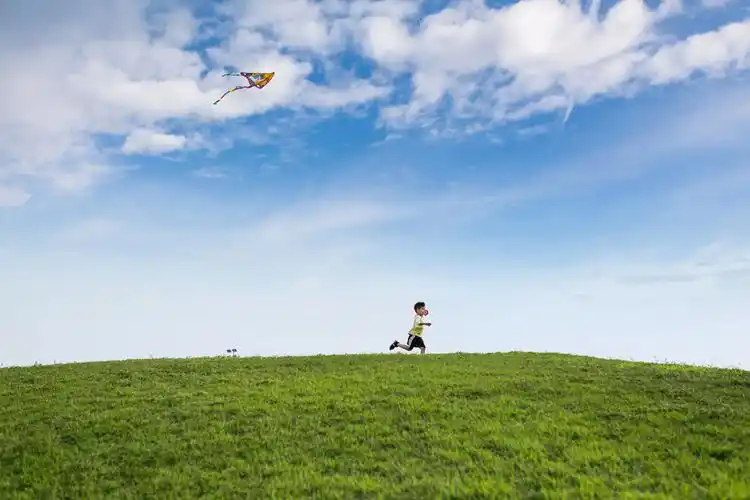 草地上奔跑的放风筝的孩子