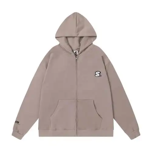 拉链卫衣外套情侣款魔术贴开衫男女同款宽松休闲连帽卫衣外套 卡其色