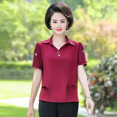 中老年女装短袖t恤中年大码妇女夏装40岁50上衣雪纺妈妈装洋气