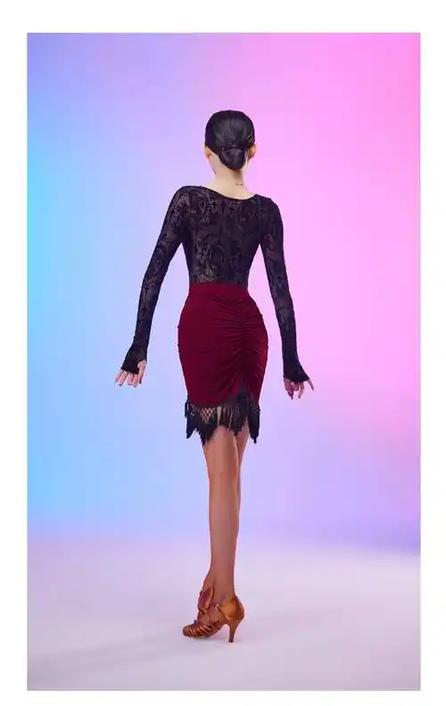 拉丁舞练功服女摩登舞服半身裙流苏包臀舞蹈短裙跳舞衣服 黑色_单裙子