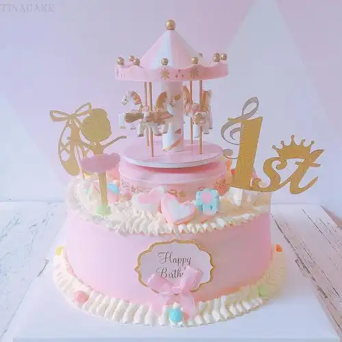 粉色公主旋转木马女孩生日满月周岁创意蛋糕动物奶油上海同城优惠券