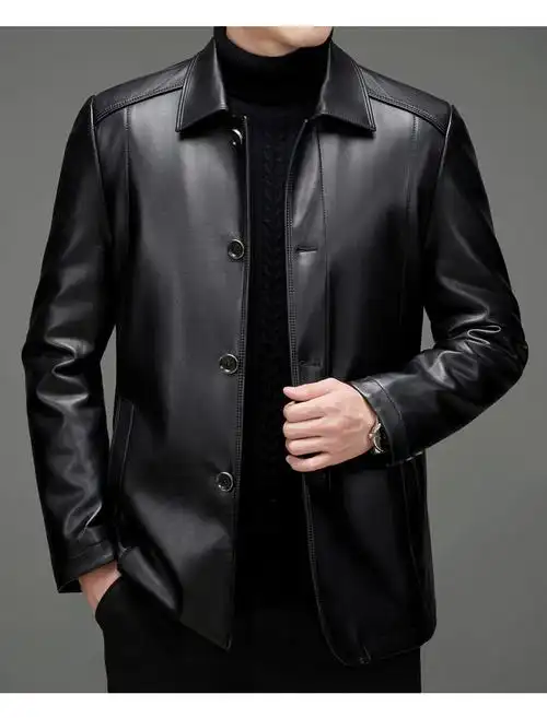 皮尔卡丹品牌高档男装真皮皮衣男绵羊皮翻领薄款海宁春季商务皮夹克