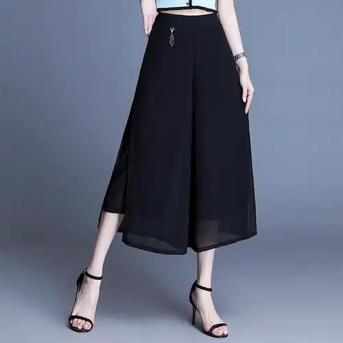 雪纺开叉宽腿显瘦裤裙阔腿宽松高腰八分裙裤休闲裤