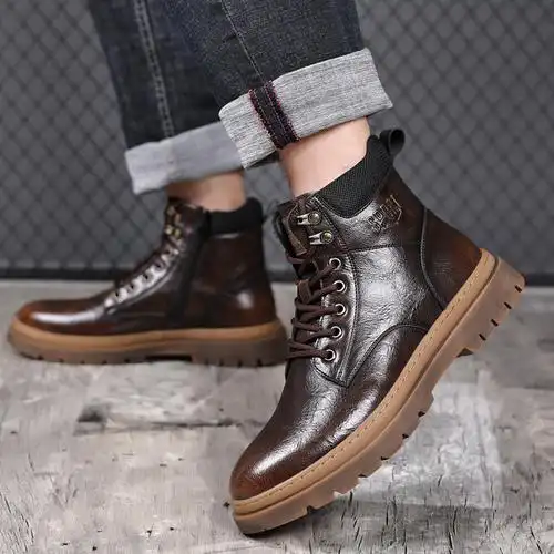 马丁靴男款真皮短靴英伦风百搭男鞋加绒保暖高帮休闲鞋工装靴男