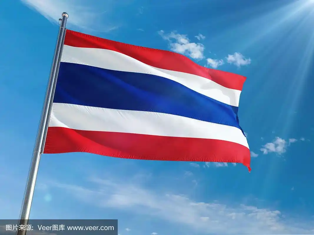 在晴朗的蓝天背景下,旗杆上飘扬着泰国国旗.高清晰度