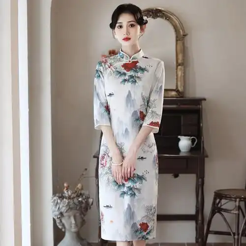 春夏民国风年轻女装山水印花七分袖旗袍连衣裙中式妈妈装礼服裙